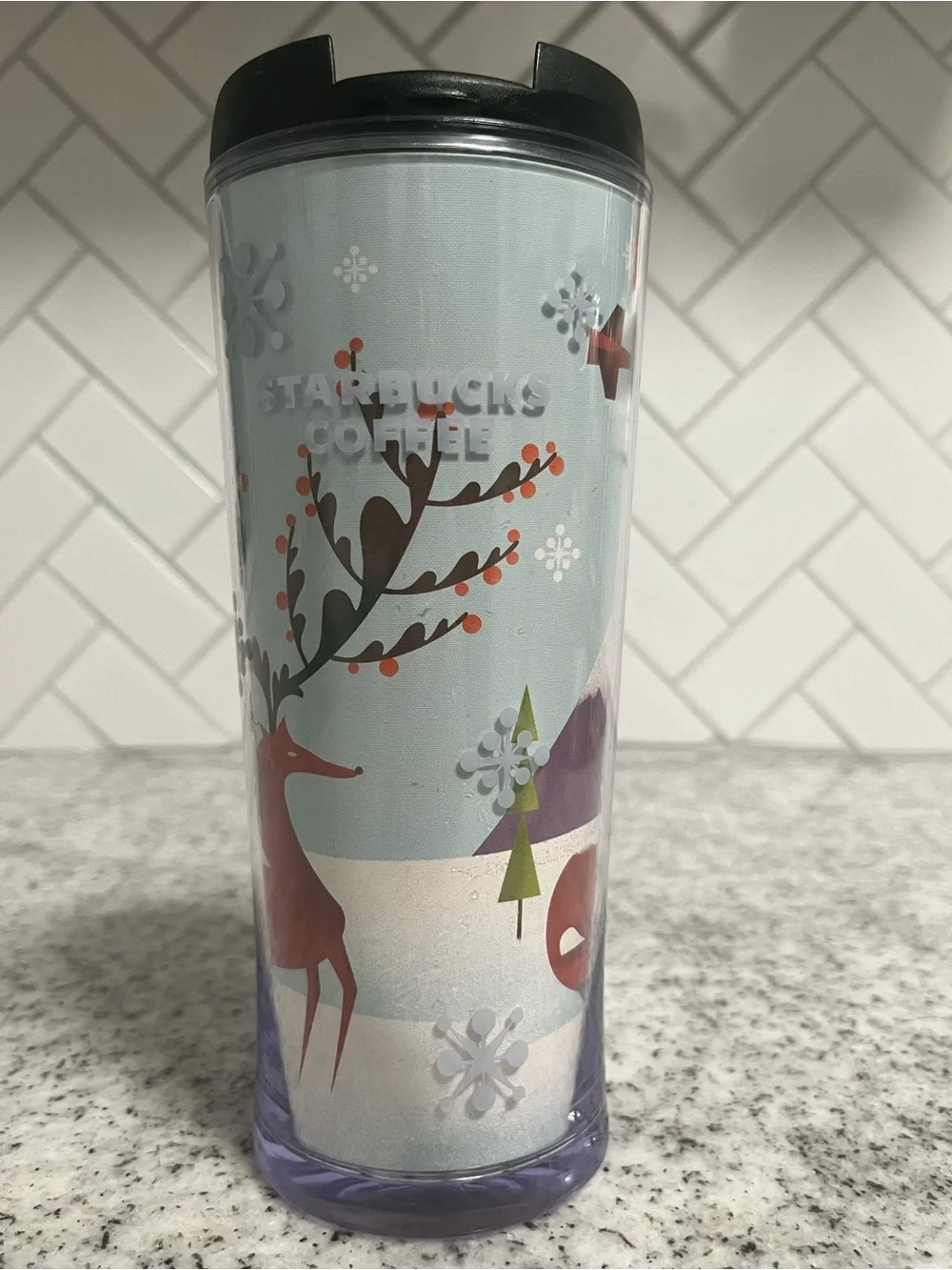 Starbucks Coffee 2010 Holiday Reindeer Winter Travel Tumbler Black Lid 16 oz